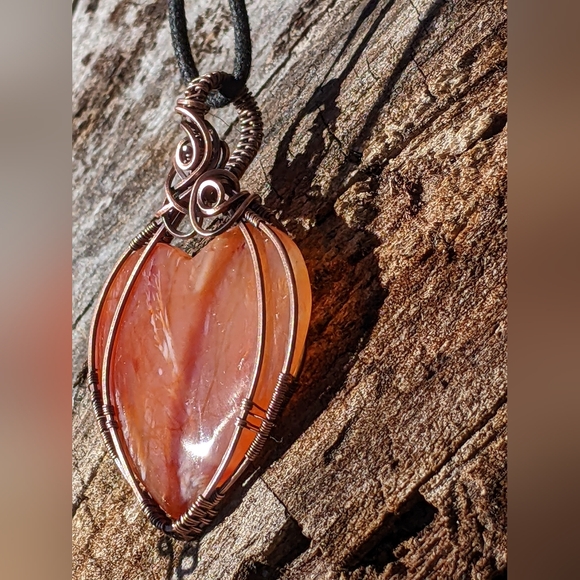 Hand Crafted Carnelian Heart Pendant Statement Necklace Copper Wire Wrap - Picture 7 of 14